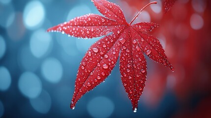 A vibrant red maple leaf is highlighted with water droplets, reflecting soft light against a dreamy blue backdrop