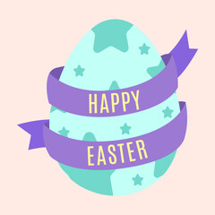Fototapeta premium A light blue Easter egg with star patterns, wrapped in a purple ribbon with the words HAPPY EASTER on a light pink background.