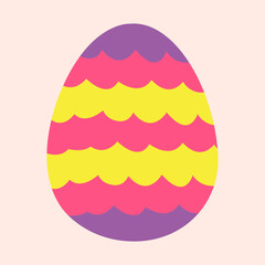 An Easter egg with wavy stripes in purple, pink and yellow on a light pink background.