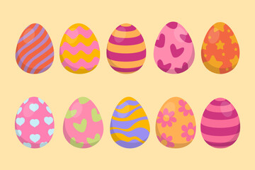 Set of ten colorful Easter eggs with various patterns, including stripes, stars, hearts, waves, and flowers. Perfect for festive decorations, greeting cards, and digital artwork.