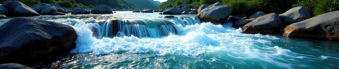 Fast-moving waters flowing over rocky terrain, flow, scenery, river