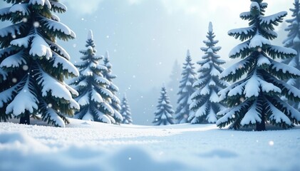 Falling snowflakes on a white snowy landscape, snowflakes gently fall, snow covered trees, snow falling slowly