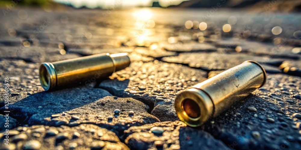 Aufkleber Empty Brass Casings Rest on the Rough Surface of a Gravel Path, Bathed in the Golden Light of a Setting Sun