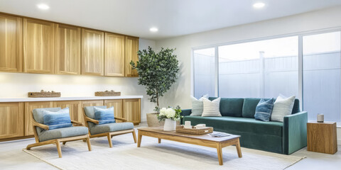Modern living room with cozy furniture and natural light in a contemporary home