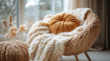 Obraz premium A plush, knitted chair adorned with a large cozy pillow invites relaxation in a bright, airy living space