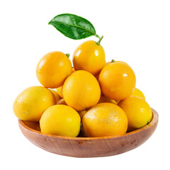 A wooden bowl overflows with vibrant kumquats, isolated on white background. A single green leaf adds contrast, highlighting their freshness.