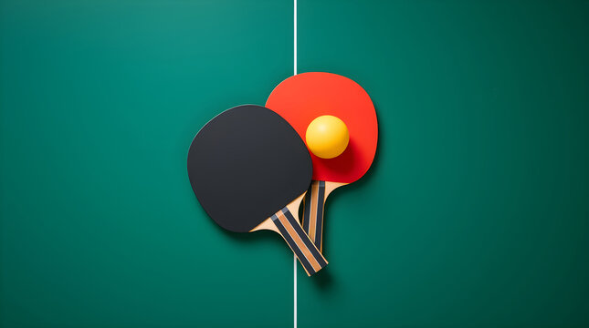 Two ping pong paddles and ball resting on green table