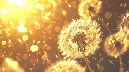 Obraz premium Dandelions glow with bokeh, seeds adrift. Golden light shines