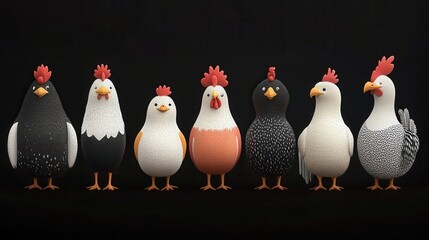 A colorful collection of playful, cartoonish chicken figurines lined up creatively.