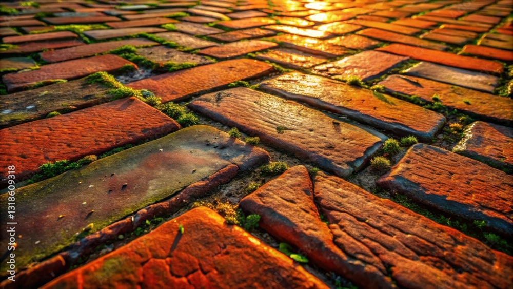 Poster a close-up view of an old, weathered brick pathway, bathed in the warm glow of the setting sun, with