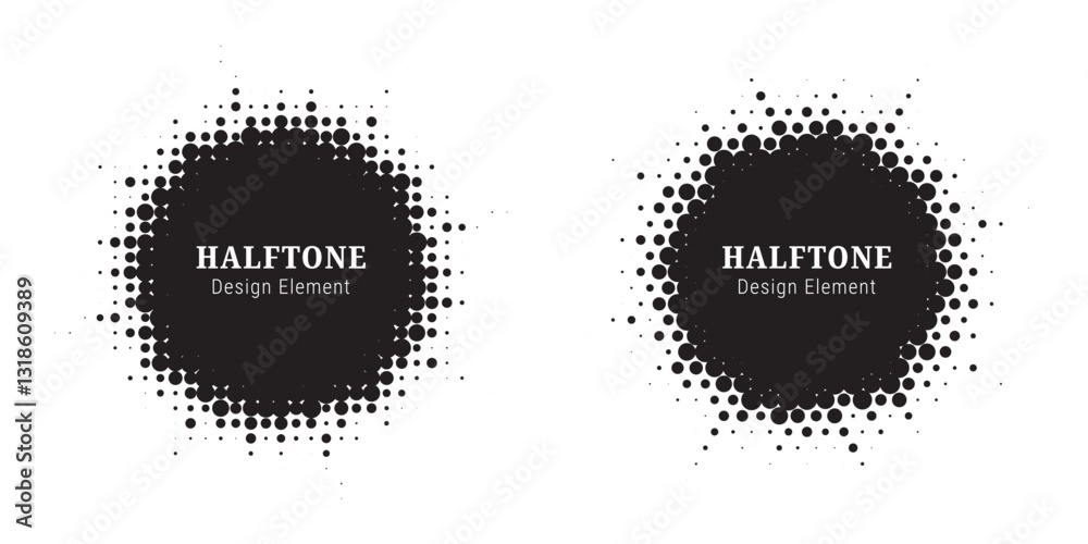 Leinwandbilder Halftone circle frame background set. Round border Icon using halftone random circle. Grunge circular stain. Vector illustration.