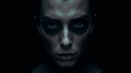 Mysterious Gaze: A portrait of a person with dramatic, dark makeup around the eyes, gazing intently at the viewer, with a strong sense of enigmatic presence and intense expression.
