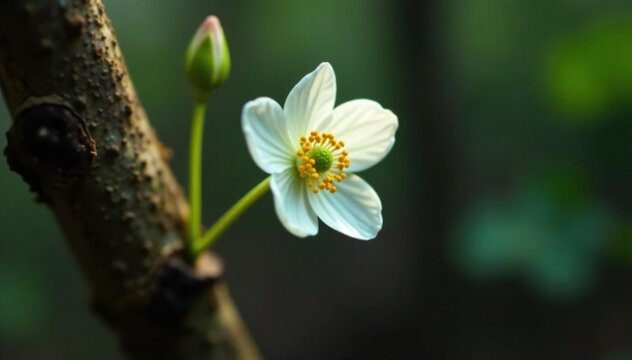 Small white anemone blooms on rotting branch stem, decay, rotten wood, tree branch