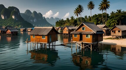Fototapeta premium A floating village with wooden houses on stilts over the water