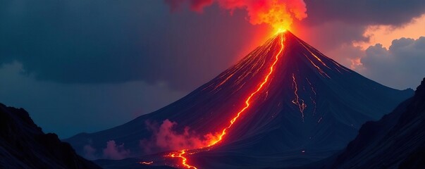 Fototapeta premium Volcanic eruption with molten lava flowing out of the mountain's peak, lava, burning