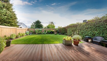 back garden patio area with wood decking and potted plants