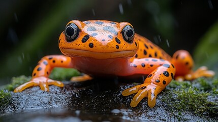 Fototapeta premium Orange frog with black spots sits on a mossy rock in the rain.