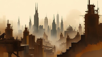 City Silhouette: A stylized illustration of a city skyline, depicting the urban landscape in a warm, hazy atmosphere with towering buildings and architectural details.
