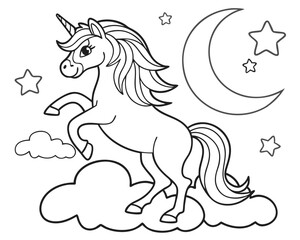 Cartoon Unicorn on Cloud with Stars - Fun Coloring Page for Kids, Unicorn on Cloud Coloring Page, Magical Unicorn with Stars, Unicorn with Moon and Cloud
