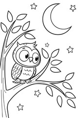 Cute Big-Eyed Owl Sitting on Tree Branch with Moon and Stars &ndash; Kids&rsquo; Coloring Page, Owl Coloring Page, Owl Sitting on Branch, Cute Owl and Moon Drawing

