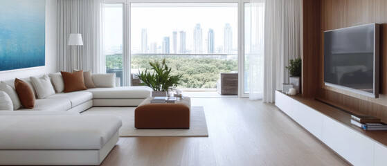 Modern living room with city view and natural light overlooking green urban landscape