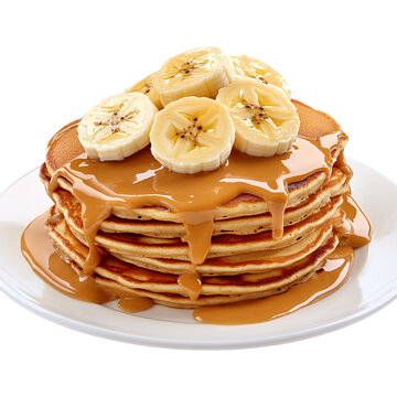 Stack of buttermilk pancakes heavily drizzled with smooth peanut butter sauce and topped with fresh banana slices isolated on transparent background.