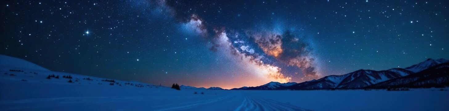 Glittering starry night sky with golden stars shining bright in the darkness, dark night, snowy scene