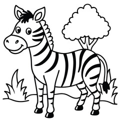 Cute Zebra Coloring Page – Black and White Vector for Kids, Zebra Coloring Page for Kids, Cartoon Zebra Vector Art, Friendly Zebra Outline Drawing
