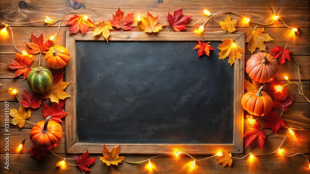 Poster A rustic chalkboard surrounded by autumn leaves and glowing string lights, creating a warm and inviting atmosphere.