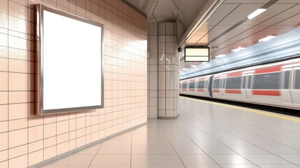 Empty subway station with a train approaching.