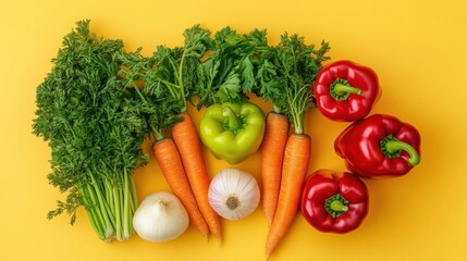 Freshly harvested vegetables like bell peppers, onions, and carrots arranged aesthetically on a warm yellow background, evoking a sense of healthy eating.