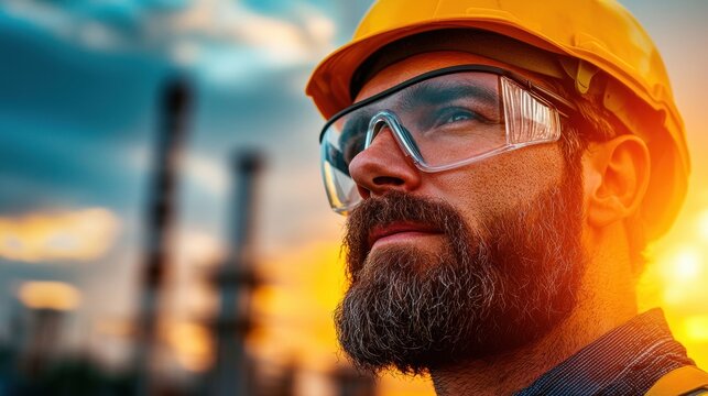 Construction worker with safety gear at sunset.