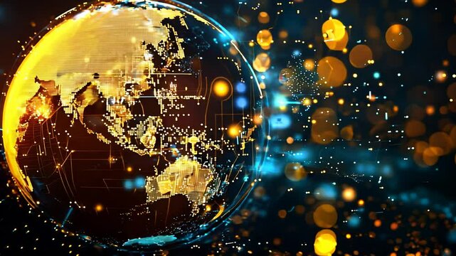Illuminated global network: digital connections and data flow around rotating earth