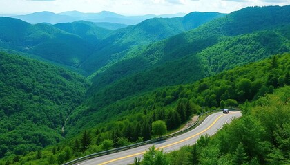Fototapeta premium West Virginia mountain road curves through lush green hills, scenic overlook, nature photography, foliage