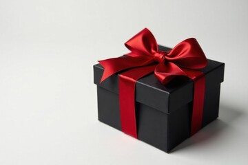 Fototapeta premium A Beautifully Wrapped Black Gift Box with a Crimson Ribbon Bow on a White Background