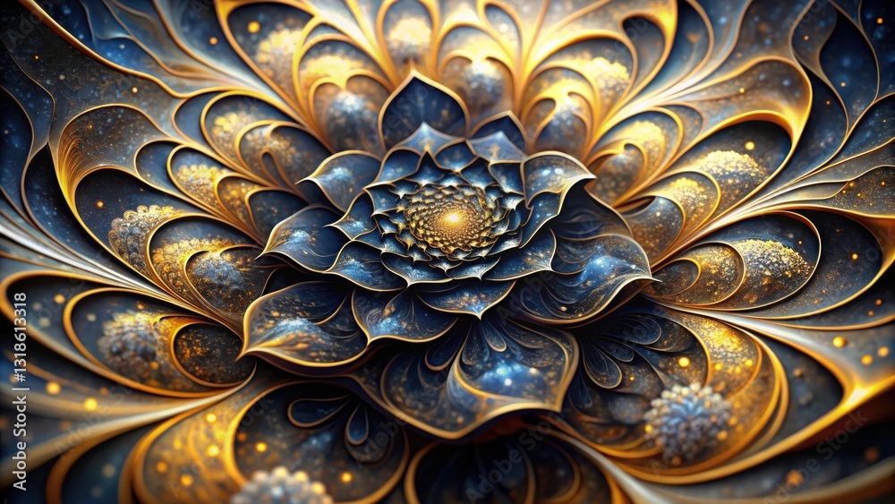Aufkleber An abstract floral design featuring intricate layers of gold and blue, resembling a blooming flower with a central glowing core.