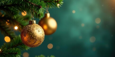 Glittering gold ornaments suspended from a Christmas tree branch, festive, holiday