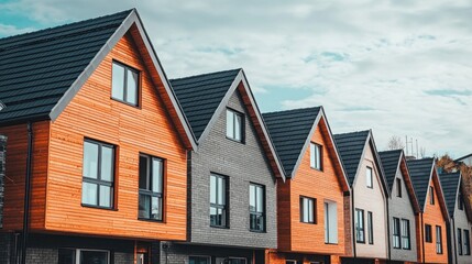 Row of modern townhouses, various colors, under a cloudy sky