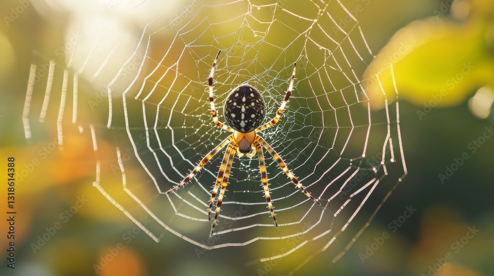 Poster a close-up of a spider spinning its delicate web in a quiet corner of a garden, with morning dew gli