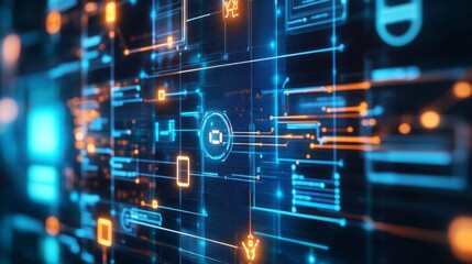 A close-up of a computer screen showing a network map with various connected devices and data flow.