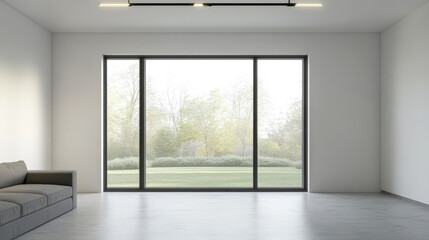 Fototapeta premium Modern empty living room with large windows overlooking a serene garden view