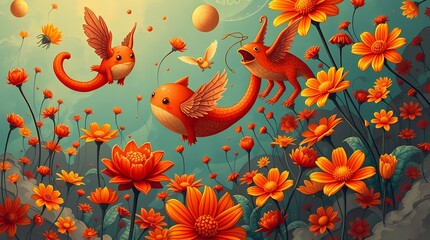 Whimsical Floral Fantasy: A surreal and vibrant illustration of a dreamlike landscape bursting with colorful, stylized flowers and fantastical creatures.