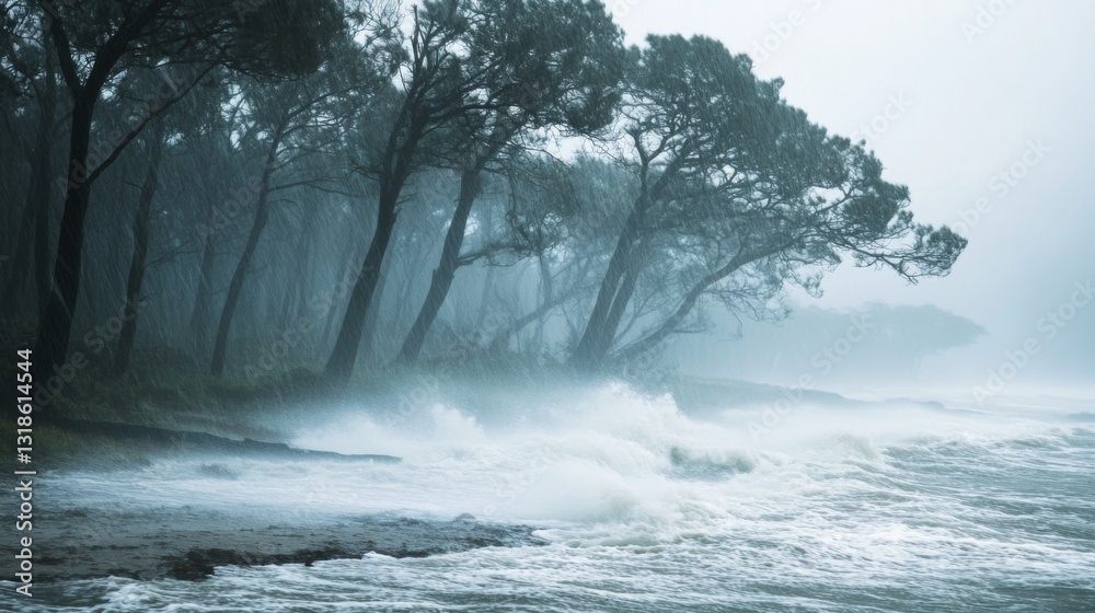 Poster a close-up of intense rain and wind during a cyclone, with trees bending and waves crashing along th