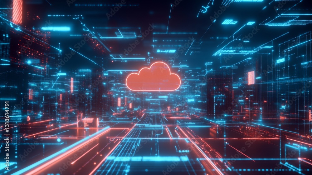 Poster A cloud-based information network with interconnected devices, showing data transfer across a virtual environment.