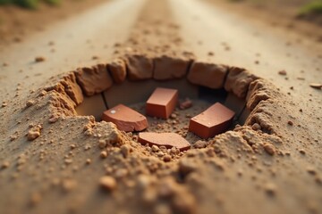 A sunlit earthen cavity reveals fractured clay bricks, nestled within a sandy embankment beside a dirt road