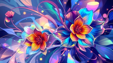 Fototapeta premium Vibrant Floral Symphony: A mesmerizing artwork of abstract flowers blooms in a kaleidoscope of vivid hues and soft gradients, celebrating the intricate beauty of nature.