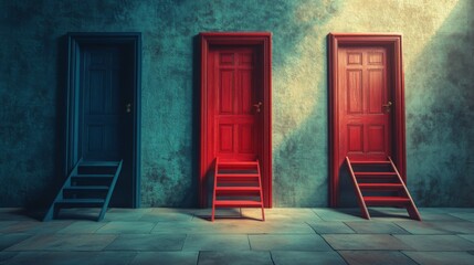 A concept of multiple ladders, each leading to different doors, symbolizing various paths to success.