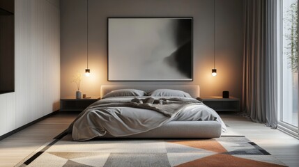 A cozy and uncluttered minimalist bedroom with a soft grey bed, a geometric rug, and ambient lighting.