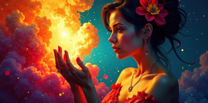 La mujer maquillada de naipes crea un cuadro con sus brazos, fantasia, pintura, alegoria