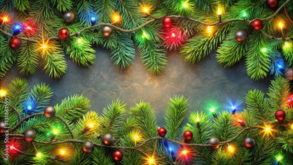 Poster festive evergreen branches adorned with twinkling lights and colorful ornaments, creating a cheerful